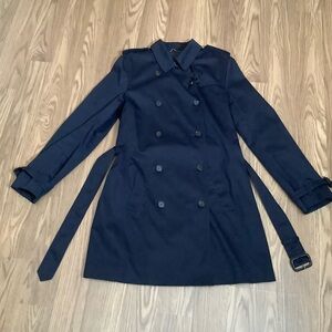 T. Babaton Women Size M Trench Coat Jacket Navy Blue Belted Button Front Cotton